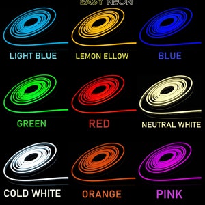 May include: Nine different colours of neon LED strip lights, including light blue, lemon yellow, blue, green, red, neutral white, cold white, orange, and pink. The lights are coiled in a spiral shape and are displayed against a black background.