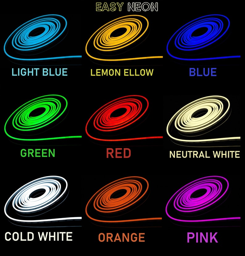 May include: Nine different colours of neon LED strip lights, including light blue, lemon yellow, blue, green, red, neutral white, cold white, orange, and pink. The lights are coiled in a spiral shape and are displayed against a black background.