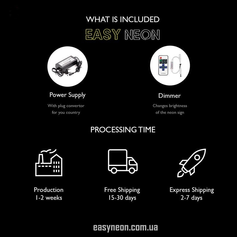 May include: A black and white illustration of a factory, a delivery truck, and a rocket ship. The text "Production 1-2 weeks", "Free Shipping 15-30 days", and "Express Shipping 2-7 days" is below each illustration. The text "WHAT IS INCLUDED EASY NEON" is at the top of the image. The text "PROCESSING TIME" is in the middle of the image. The text "easyneon.com.ua" is at the bottom of the image.