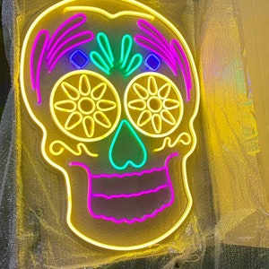 Sugar skull neon light, Day of the Dead neon sign, Neon sign with skull design, Colorful sugar skull neon, LED sugar skull wall decor