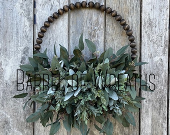 BEST SELLER, Sylvia Beaded Hoop Wreath, Farmhouse Style Neutral, Wood Beaded Wreath, Eucalyptus, Lamb’s Ear, Year-Round Wreath, Gift Idea,