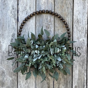 BEST SELLER, Sylvia Beaded Hoop Wreath, Farmhouse Style Neutral, Wood Beaded Wreath, Eucalyptus, Lamb’s Ear, Year-Round Wreath, Gift Idea,