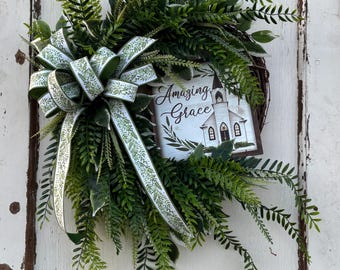 Corona Amazing Grace, decoración del hogar con helechos primaverales, decoración inicial para el día a día, decoración cristiana, corona de verano, decoración de puerta de entrada de estilo rústico.