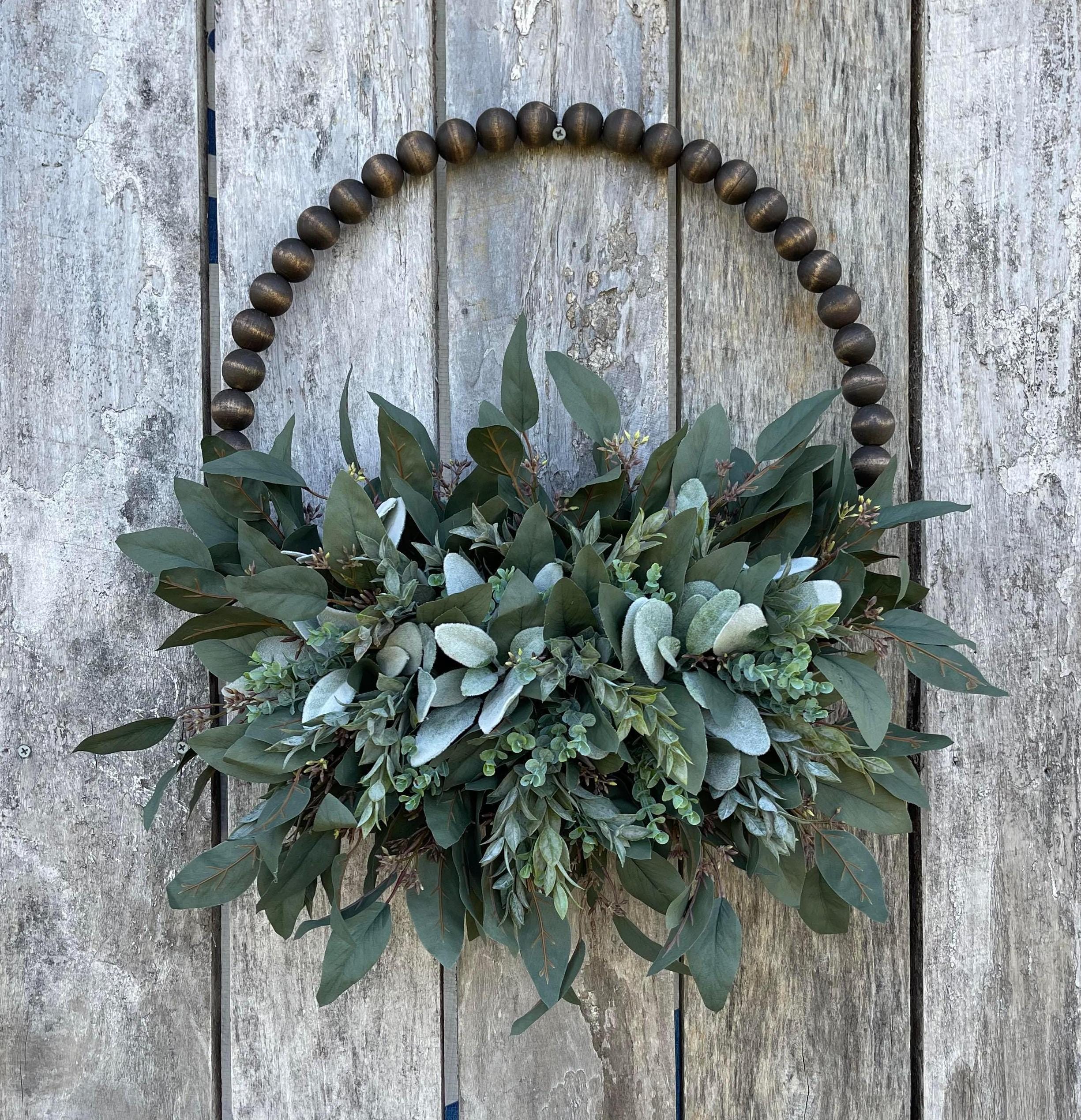 Wood Beaded Hoop Wreath Neutral Front Door Year Round Gift for Mom Modern Boho Chic Farmhouse Decor Eucalyptus and Lamb's Ear Wedding Wreath