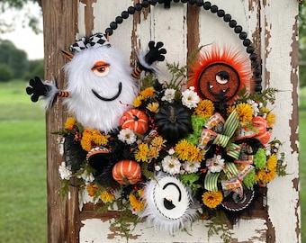 Halloween Bead Hoop Wreath, Furry Monster  Wreath, Monster Pops, Yellow Mums, Pumpkins, Black Wreath, Spooky Season, Hallows Eve, Whimsical