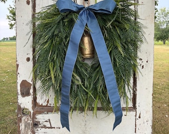 Winter Sawgrass Wreath with Pine and Fern, Brass Bell, Dusty Blue Ribbon, Christmas Wreath, Holiday Door Decor, Double Door Wreath, Teardrop