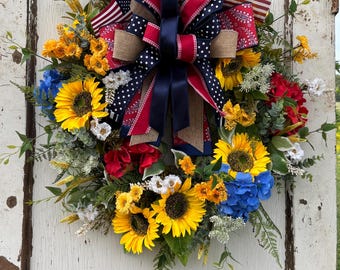 Patriotic Sunflower Wreath, Red White Blue Summer Door Decor, Americana Farmhouse Style, Yellow Sunflowers, 4th of July Decor