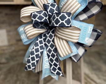 Baby Bow Blue Bow, Latern Bow, Burlap Navy Bow, Wreath Bow, Decor Bow, Mailbox Bow, Birth Announcement Ribbon, Stork Bow, Gift Idea