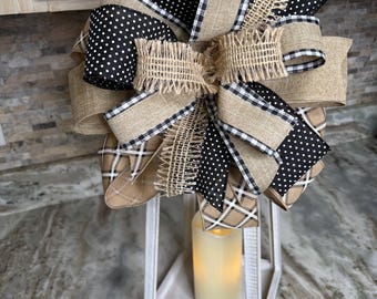 Farmhouse Neutral Bow, Burlap Wired Bow, Polka Dot Bow, Everyday Latern Bow, Black and Tan Ribbon, Wreath Bow, Decor Bow, Mailbox Bow