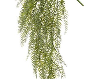 May include: A trailing artificial fern branch with multiple cascading stems featuring slender, pointed green leaves. The foliage is dense and textured, with a realistic appearance, extending from a single main stem at the top.