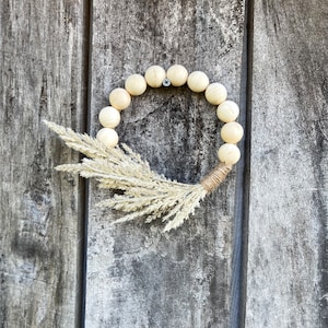 Fall Bead Wood Wreath, Neutral Frame, Pampas Grass Wreath, Fall & Autumn Wreath, Fall Home Decor, Miniature Fall Wreath, Fall Cabinet Wreath