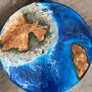 Handmade Olive Wood Epoxy Coffee Table: Seashell Coastal Design