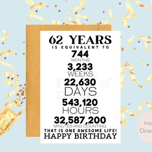 62nd Birthday Card | Instant Download | Last Minute Gift | Digital Card | E-card | Greeting Card
