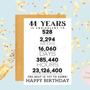 Tarjeta de cumpleaños número 44 / Descarga instantánea / Regalo de último minuto / Tarjeta digital / Tarjeta electrónica / Tarjeta de felicitación