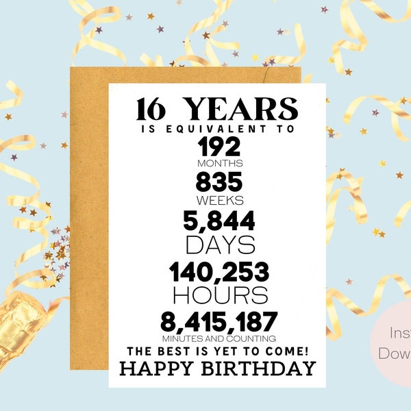 16th Birthday Card | Instant Download | Last Minute Gift | Digital Card | E-card | Greeting Card
