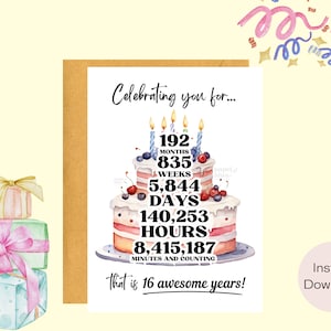 Celebrazione del 16° compleanno / Biglietto d'auguri / Biglietto d'auguri / Download istantaneo / Regalo last minute / Biglietto digitale / E-card