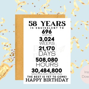 Tarjeta de cumpleaños número 58 / Descarga instantánea / Regalo de último minuto / Tarjeta digital / Tarjeta electrónica / Tarjeta de felicitación