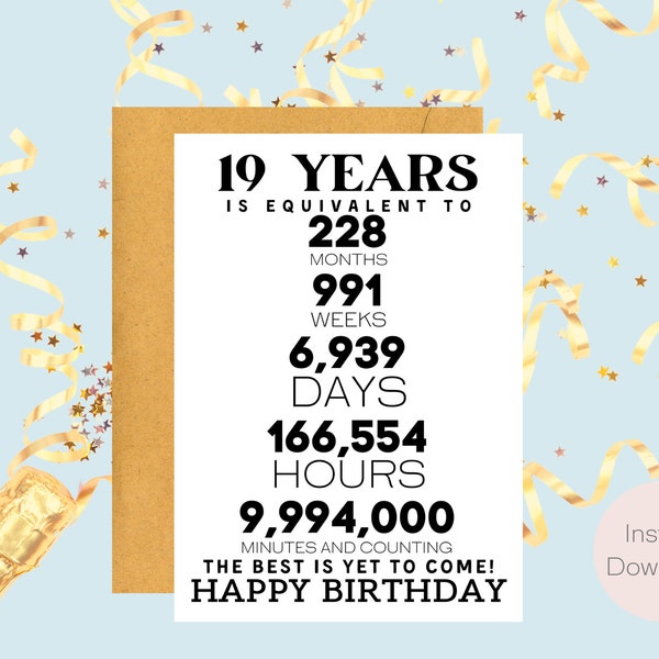 19th Birthday Card | Instant Download | Last Minute Gift | Digital Card | E-card | Greeting Card