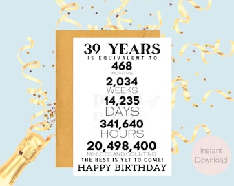 39th Birthday Card | Instant Download | Last Minute Gift | Digital Card | E-card | Greeting Card