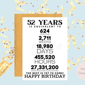 52nd Birthday Card | Instant Download | Last Minute Gift | Digital Card | E-card | Greeting Card