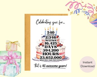 45e verjaardag | Verjaardagskaart | Wenskaart | Direct downloaden | Lastminutecadeau | Digitale kaart | E-kaart: