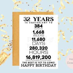 32nd Birthday Card | Instant Download | Last Minute Gift | Digital Card | E-card | Greeting Card