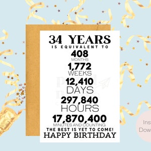 Tarjeta de cumpleaños número 34 / Descarga instantánea / Regalo de último minuto / Tarjeta digital / Tarjeta electrónica / Tarjeta de felicitación