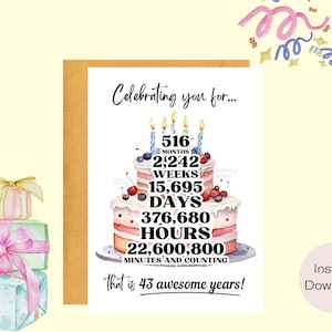 Celebrazione del 43° compleanno/Biglietto di compleanno/Biglietto d'auguri/Download istantaneo/Regalo Last Minute/Carta digitale/E-card