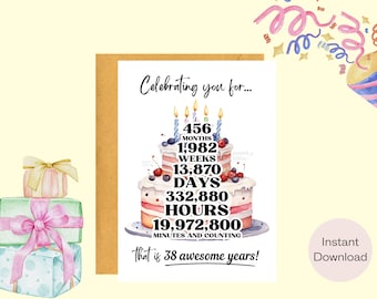 38th Birthday Celebration | Birthday Card | Greeting Card | Instant Download | Last Minute Gift | Digital Card | E-card