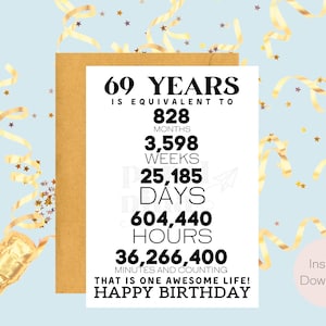 Tarjeta de cumpleaños número 69 / Descarga instantánea / Regalo de último minuto / Tarjeta digital / Tarjeta electrónica / Tarjeta de felicitación