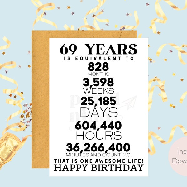 69th Birthday Card | Instant Download | Last Minute Gift | Digital Card | E-card | Greeting Card