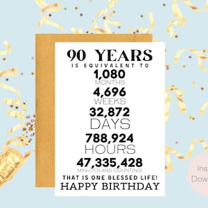 Può includere: Un biglietto di compleanno con il testo "90 ANNI EQUIVALGONO A" seguito dal numero di mesi, settimane, giorni, ore e minuti. Il biglietto è su uno sfondo azzurro con coriandoli e nastri dorati. Le parole "BUON COMPLEANNO" sono in basso.