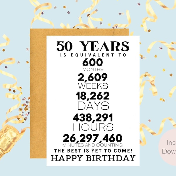 50th Birthday Card | Instant Download | Last Minute Gift | Digital Card | E-card | Greeting Card