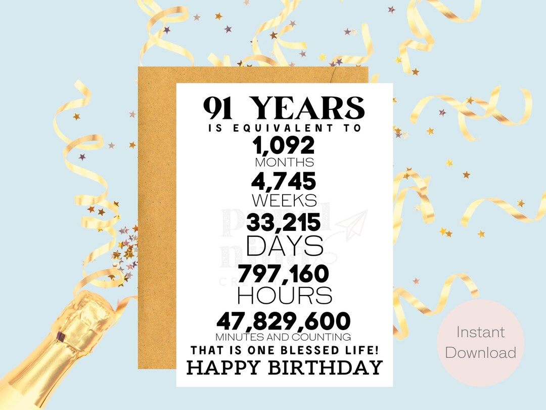 91st Birthday Card Instant Download Last Minute Gift - Etsy