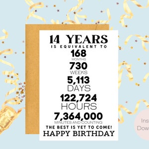 Tarjeta de cumpleaños número 14 / Descarga instantánea / Regalo de último minuto / Tarjeta digital / Tarjeta electrónica / Tarjeta de felicitación