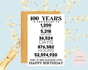 100th Birthday Card | Instant Download | Last Minute Gift | Digital Card | E-card | Greeting Card