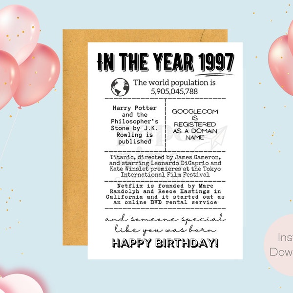 In The Year 1997 | In The Year You Were Born Birthday Card | Instant Download | Last Minute Gift | Digital Card | E-card | Greeting Card