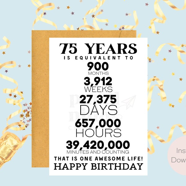 75th Birthday Card | Instant Download | Last Minute Gift | Digital Card | E-card | Greeting Card