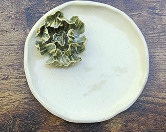 Handmade Ceramic Flower Ring Dish | Olive Green Floral Jewelry Holder | Sculpted Clay Blossom Trinket Tray & Engagement Gift. 5" width