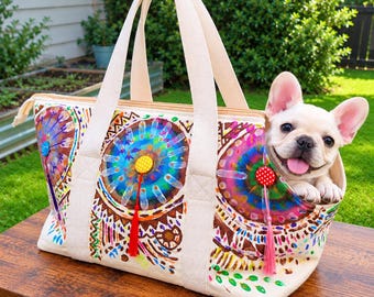 Hand Painted Dog Carrier Bag, Boho Dreamcatcher Pet Tote, Handmade Canvas Cat Carrier, Small Dog Travel Bag, Unique Pet Carrier Up to 15 lbs