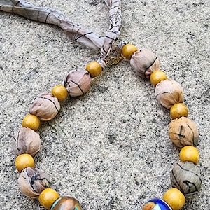 Silk Beaded Choker Necklace for women &quot;Artistry Around Your Neck: Wooden Bead Necklaces on Painted Silk, Each Piece a Canvas!&quot;