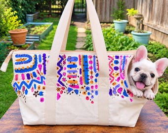 Hand Painted Dog Carrier Bag, Handmade Pet Tote for Small Dog or Cat, One of a Kind Art Pet Carrier, Medium 15 lb Pet Travel Bag