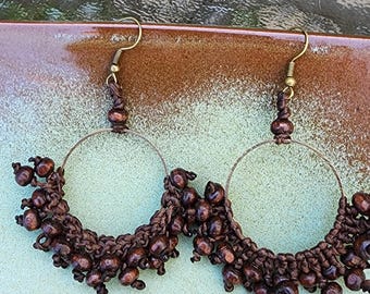 Boho Wooden Beaded Earrings – Knotted on Brass Hoops