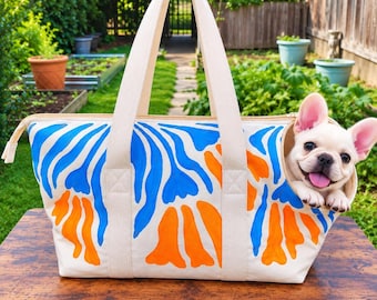 Hand Painted Dog Carrier Bag, Handmade Canvas Pet Tote, Medium Small Dog & Cat Travel Bag, Colorful Artistic Pet Carrier Up to 15 lbs