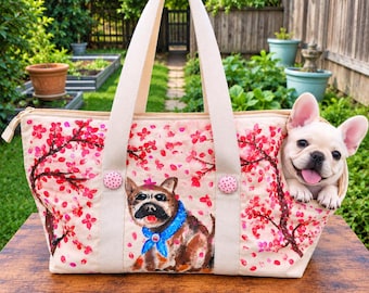 Hand Painted Dog Carrier Bag, Cherry Blossom Pet Carrier, Handmade Canvas Dog Tote, Small Dog & Cat Travel Bag, Up to 15 lbs