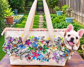 Handmade Dog Carrier Bag, 3D Fabric Flower Pet Carrier, Hand Painted Canvas Dog Tote, Small Dog Cat Travel Bag, Up to 15 lbs