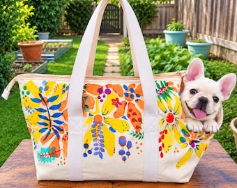 Hand-Painted Floral Dog Carrier Bag, Boho Folk Art Pet Tote (Up to 15 lbs)
