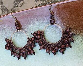 Boho Wooden Beaded Earrings – Knotted on Brass Hoops