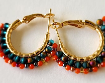 Beaded Hoop Earrings "Radiant Fan Hoops Earrings" 1.2" Inches in width