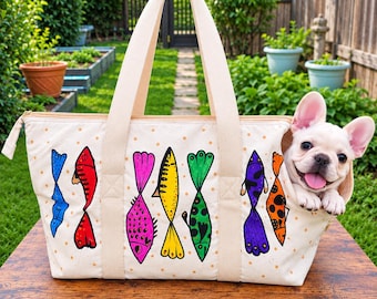 Hand Painted Dog Carrier Bag, Colorful Fish Pet Tote, Handmade Canvas Small Dog Carrier, Cat Travel Bag, Artistic Pet Bag Up to 15 lbs